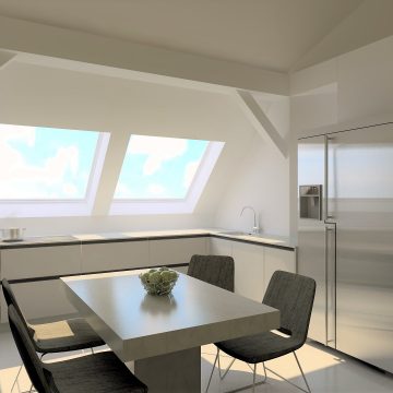 3D Küchenplanung für Dachgeschosswohnung, mit Griffmulde, SidebySide Küchl-Gefrierkombination freistehend