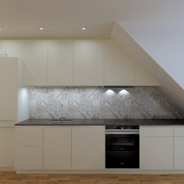 Küchenplanung für Wohnung mit Dachschräge, Lack magnolia matt, Arbeitsplatte Naturstein 2cm