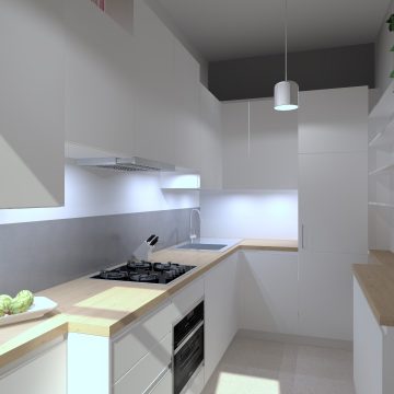 Küchenplanung grifflos in weiß matt, mit Arbeitsplatte in Eiche