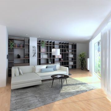 3D-Visualisierung für Wohnzimmer, Bibliothek mit NET-Bücherregal