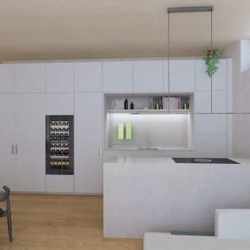 Küchenplanung für ein Sommerhaus mit Weintemperierschrank, Einschubtürenschrank und Kochinsel in Keramik